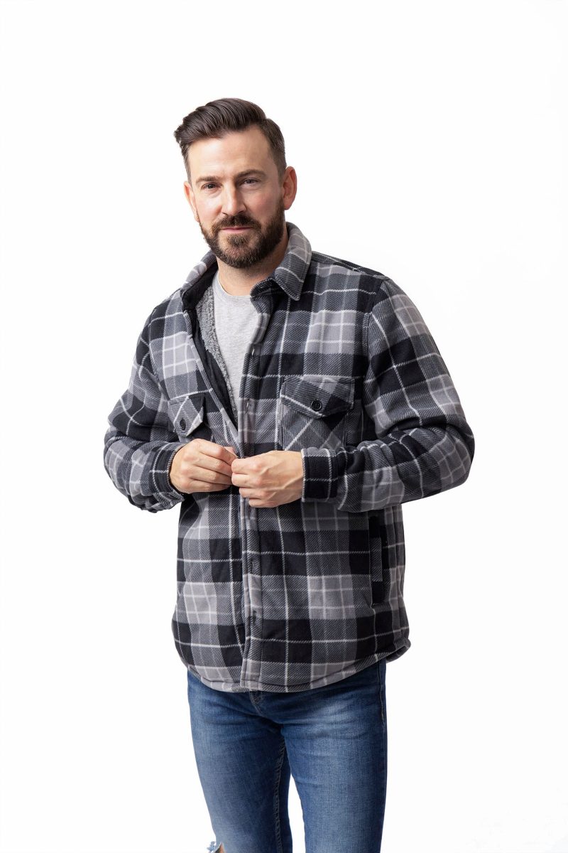 HH Mens Jax Long Sleeve Plaid Shirt Jacket Grey Black Model