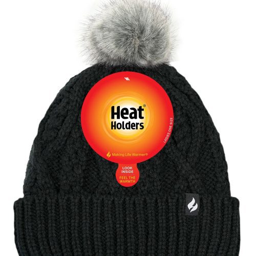 HH Wmns Brina Solid Cable Knit Roll Up Hat With Pom Pom Black Pack