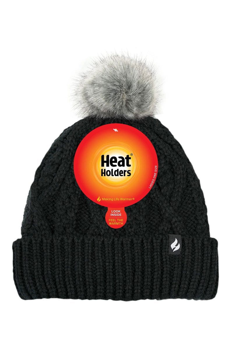 HH Wmns Brina Solid Cable Knit Roll Up Hat With Pom Pom Black Pack