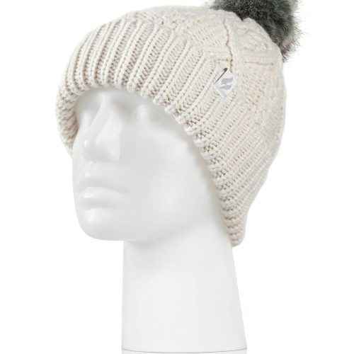 Heat Holders Women's Brina Solid Cable Knit Roll Up Thermal Hat with Pom-Pom Buttercream #color_buttercream