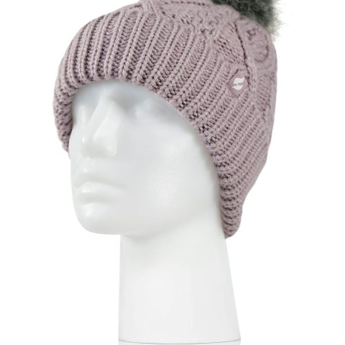 Heat Holders Women's Brina Solid Cable Knit Roll Up Thermal Hat with Pom-Pom Lilac #color_lilac