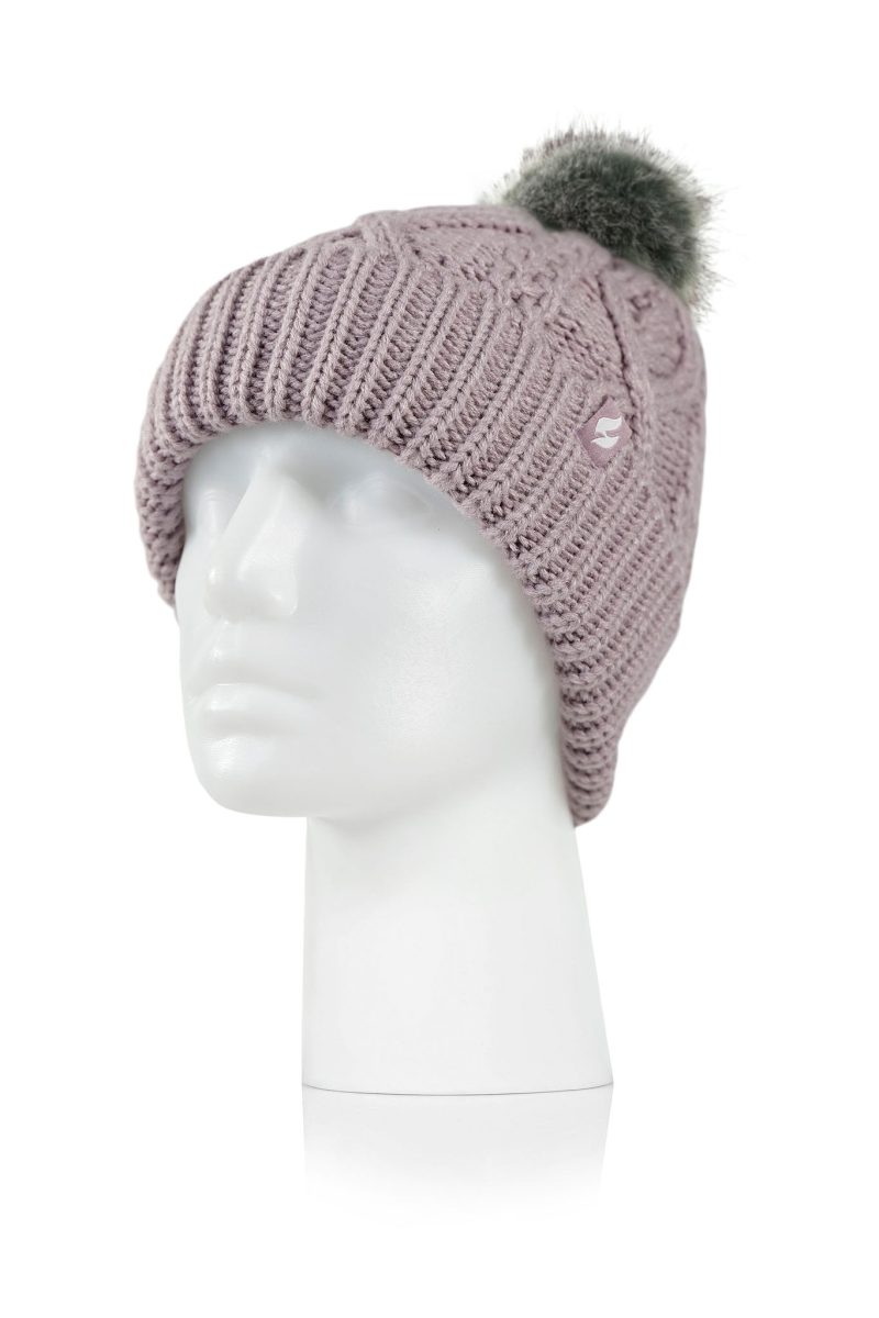 Heat Holders Women's Brina Solid Cable Knit Roll Up Thermal Hat with Pom-Pom Lilac #color_lilac