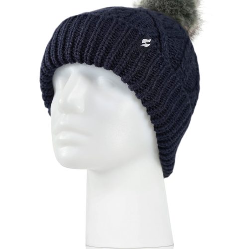 Heat Holders Women's Brina Solid Cable Knit Roll Up Thermal Hat with Pom-Pom Navy #color_navy