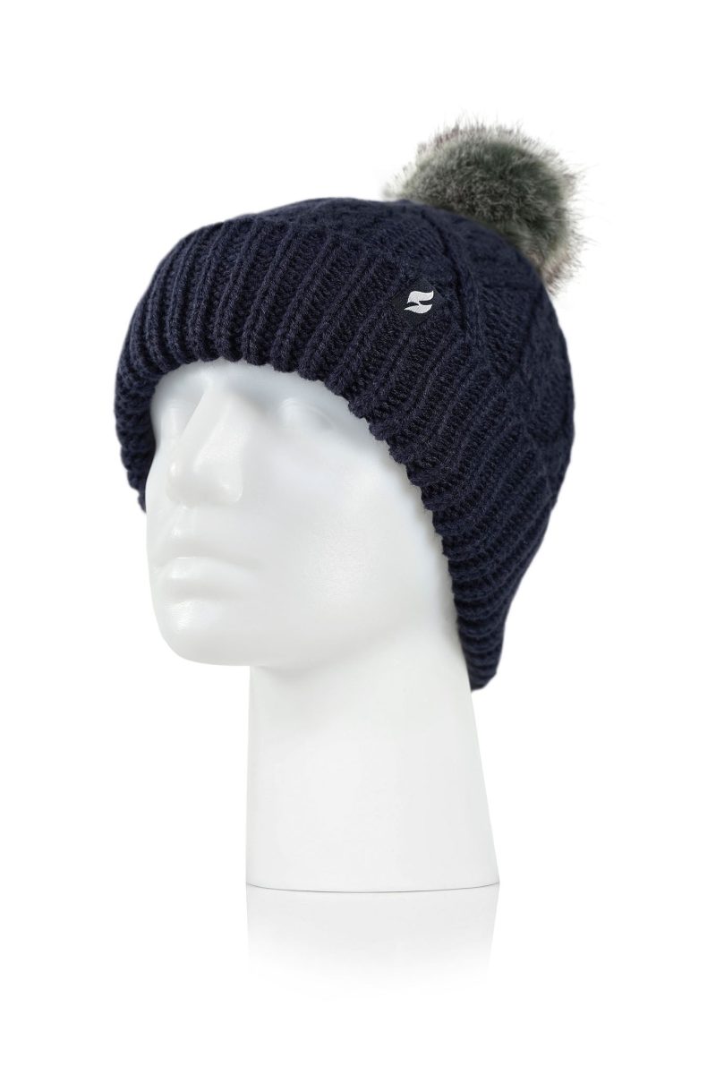 Heat Holders Women's Brina Solid Cable Knit Roll Up Thermal Hat with Pom-Pom Navy #color_navy