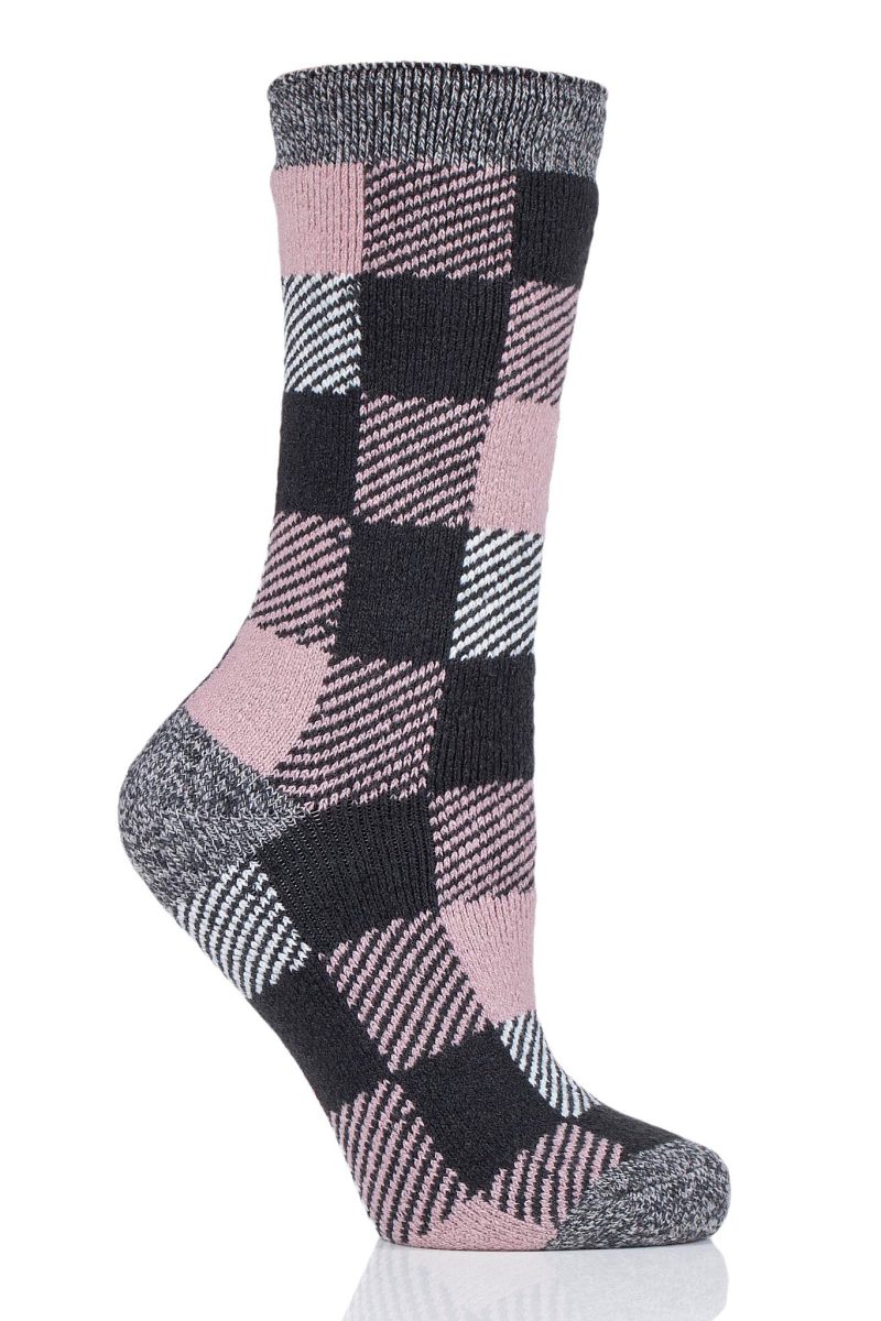 Heat Holders Women's Britney Lite Buffalo Checked Thermal Crew Sock Charcoal/Pink #color_charcoal/pink