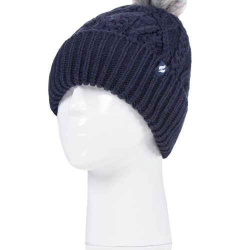 Heat Holders Women's Solna Cable Knit Roll Up Thermal Hat With Pom Pom Navy #color_navy