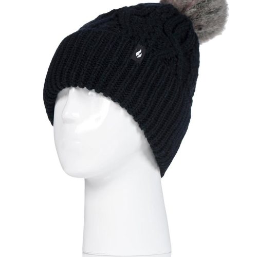 Heat Holders Women's Solna Cable Knit Roll Up Thermal Hat With Pom Pom Black #color_black